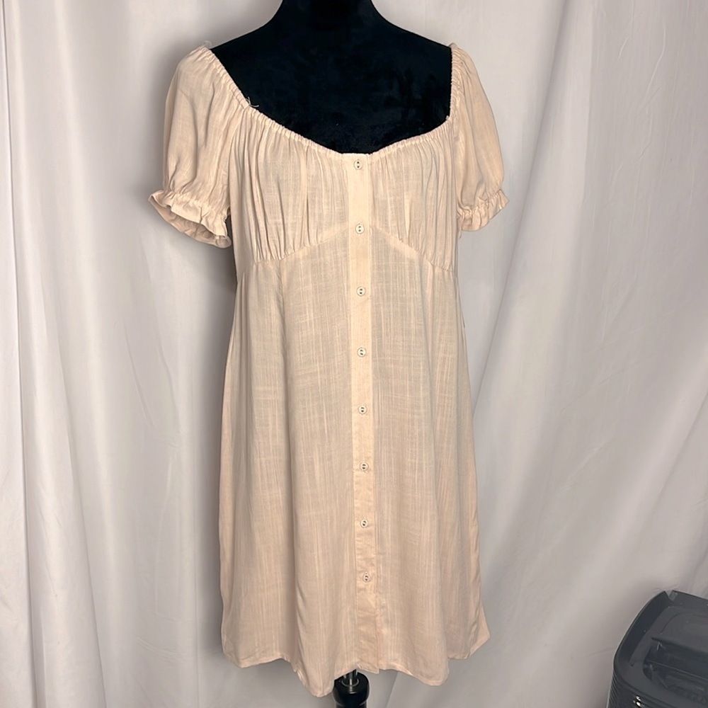 Light Pink Button-Front Mini Dress - Feminine Puff Sleeve